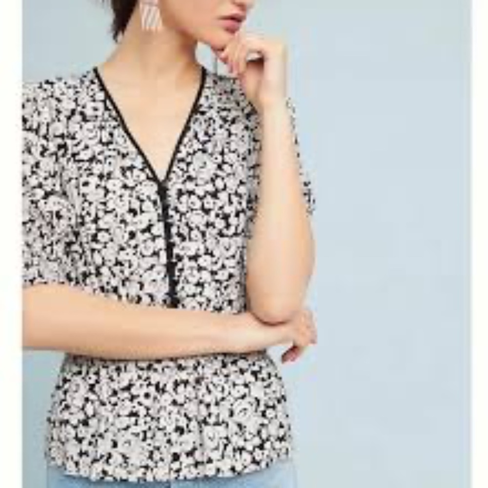 ANTHROPOLOGIE Tracy Reese Black & White Floral Peplum Blouse Top